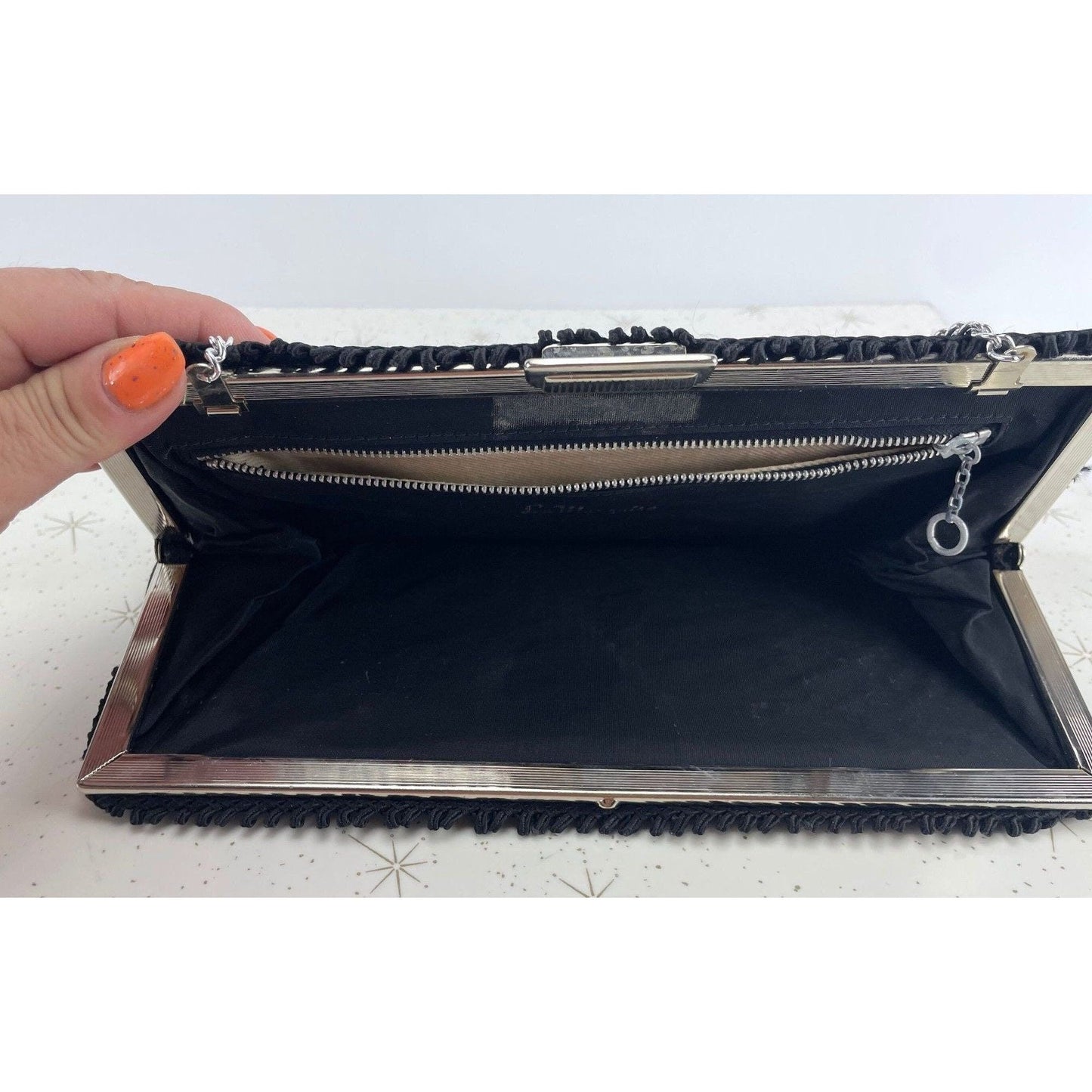 Vintage 50s black purse, satin clutch, La Marquise