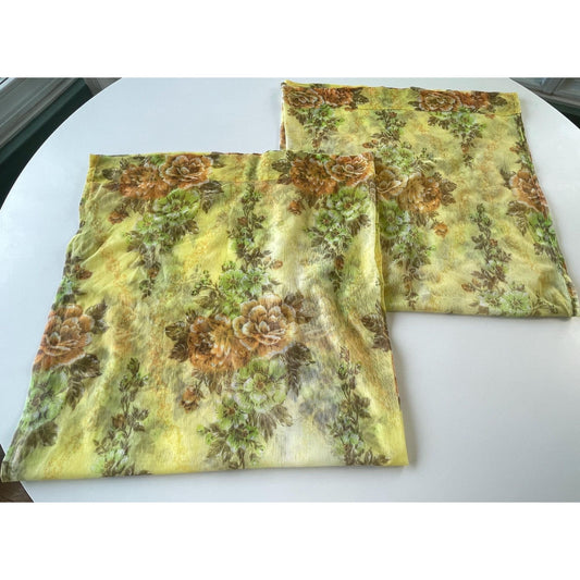 Vintage 60s curtain, yellow, orange green, sheer floral