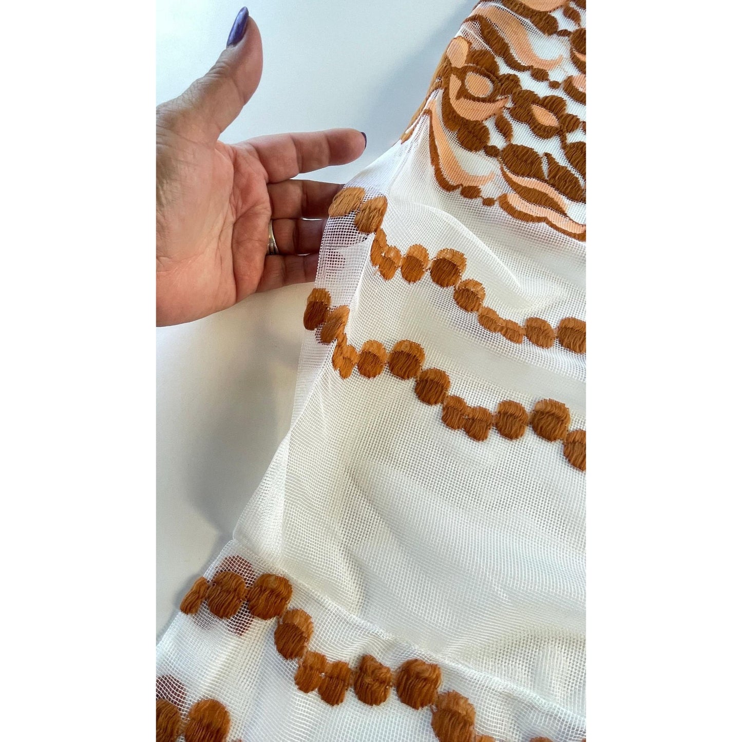 Vintage 70s curtain, tan, rust floral & dots embroidered pattern, sheer mesh panel