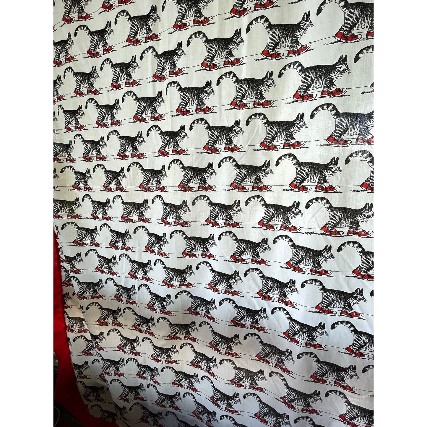 Vintage 70s curtain, Kliban Cat novelty print, cat wearing red shoes, ruffled sides