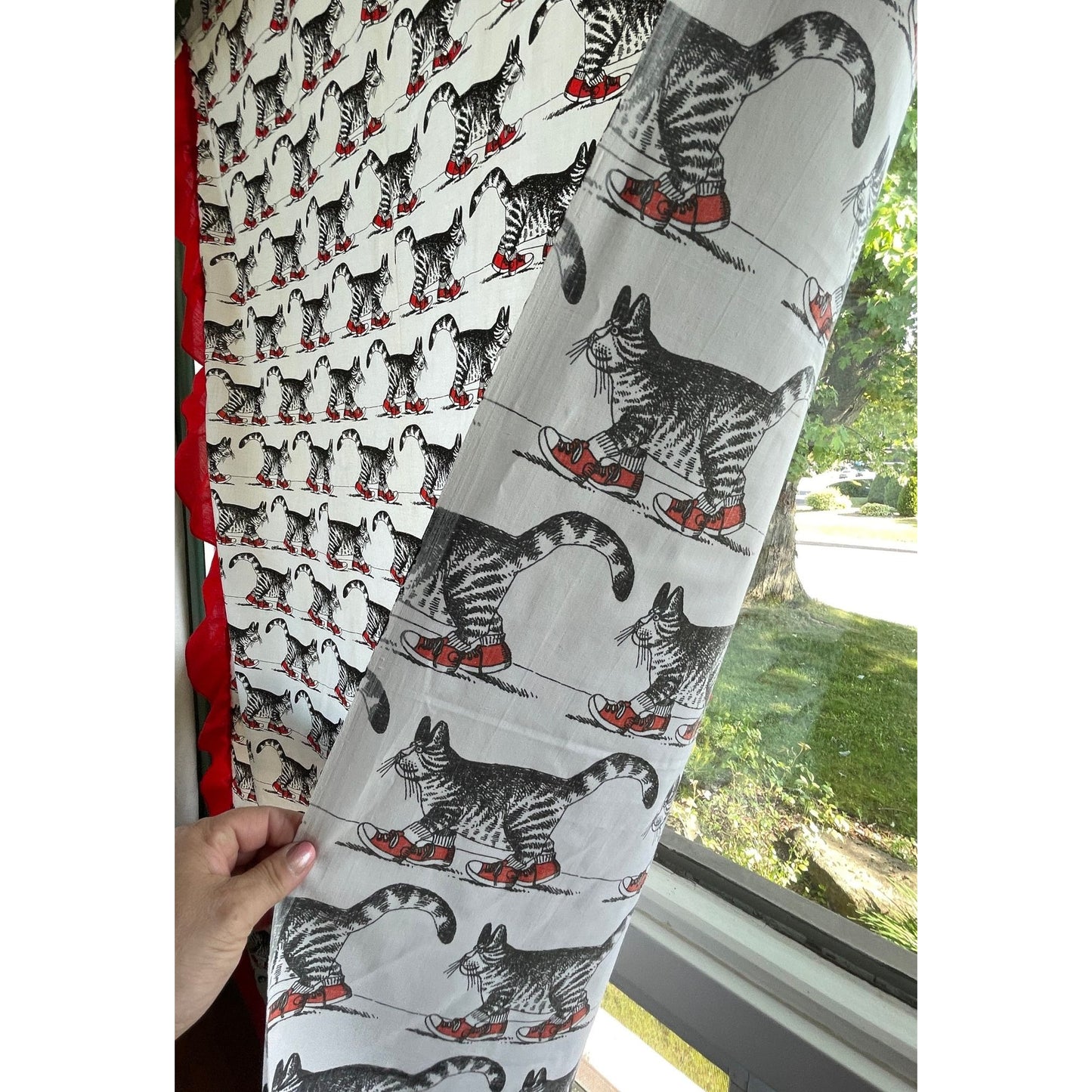 Vintage 70s curtain, Kliban Cat novelty print, cat wearing red shoes, ruffled sides