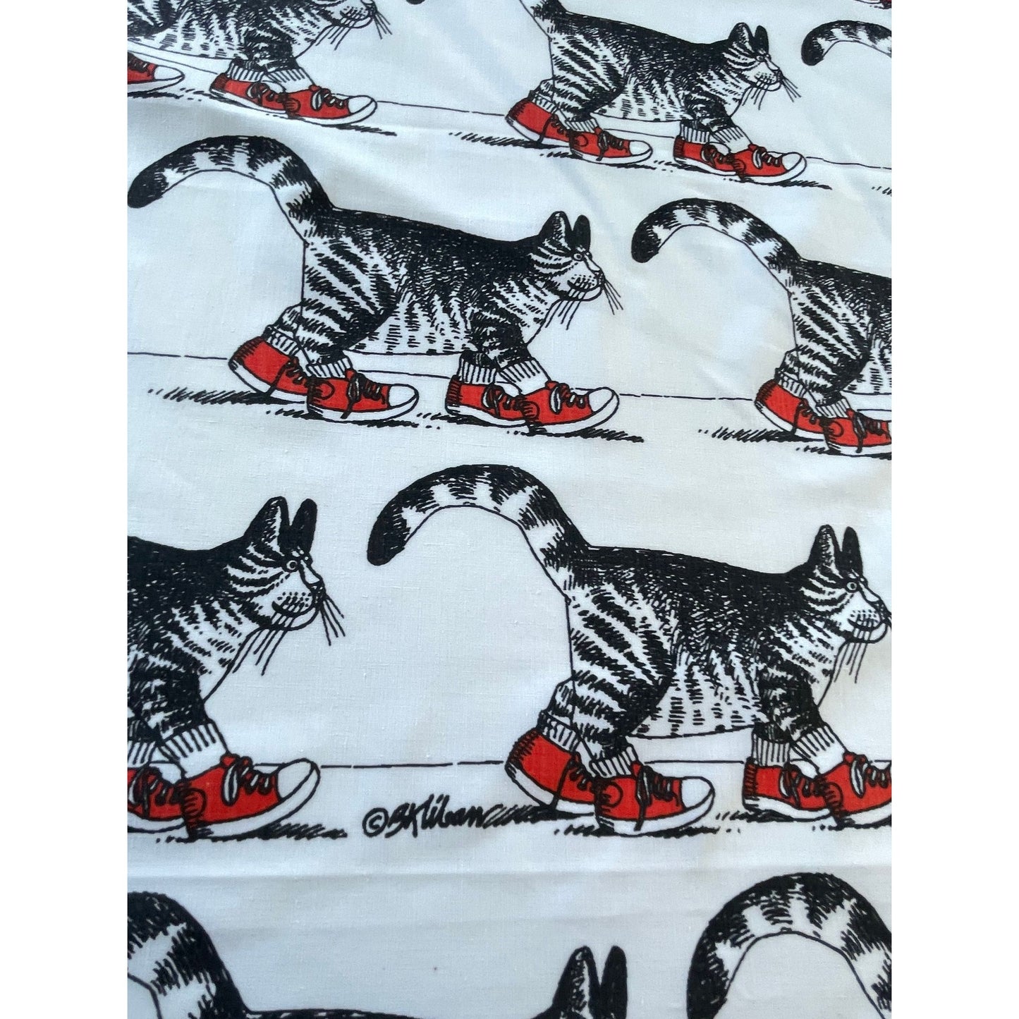 Vintage 70s curtain, Kliban Cat novelty print, cat wearing red shoes, ruffled sides