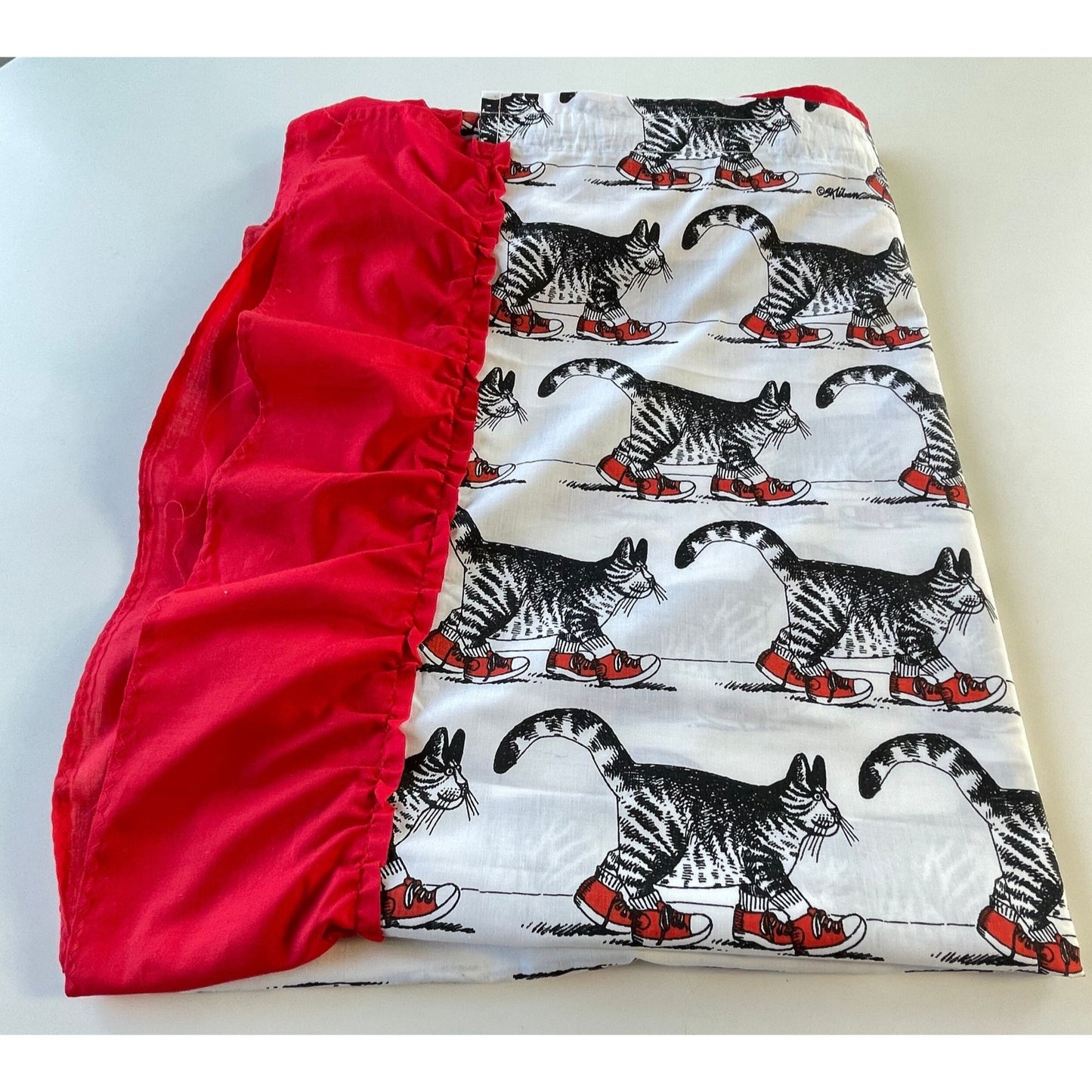 Vintage 70s curtain, Kliban Cat novelty print, cat wearing red shoes, ruffled sides