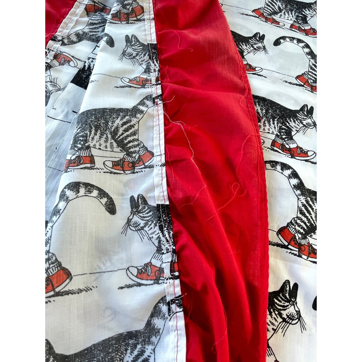 Vintage 70s curtain, Kliban Cat novelty print, cat wearing red shoes, ruffled sides