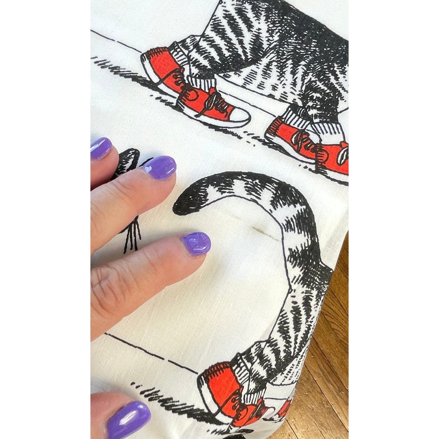 Vintage 70s curtain, Kliban Cat novelty print, cat wearing red shoes, ruffled sides