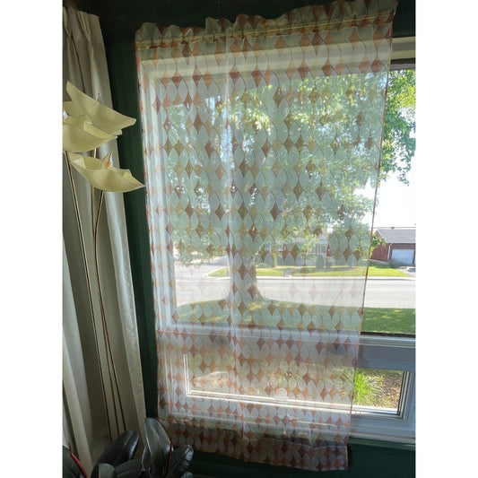 Vintage 70s curtain, sheer orange brown white geometric pattern