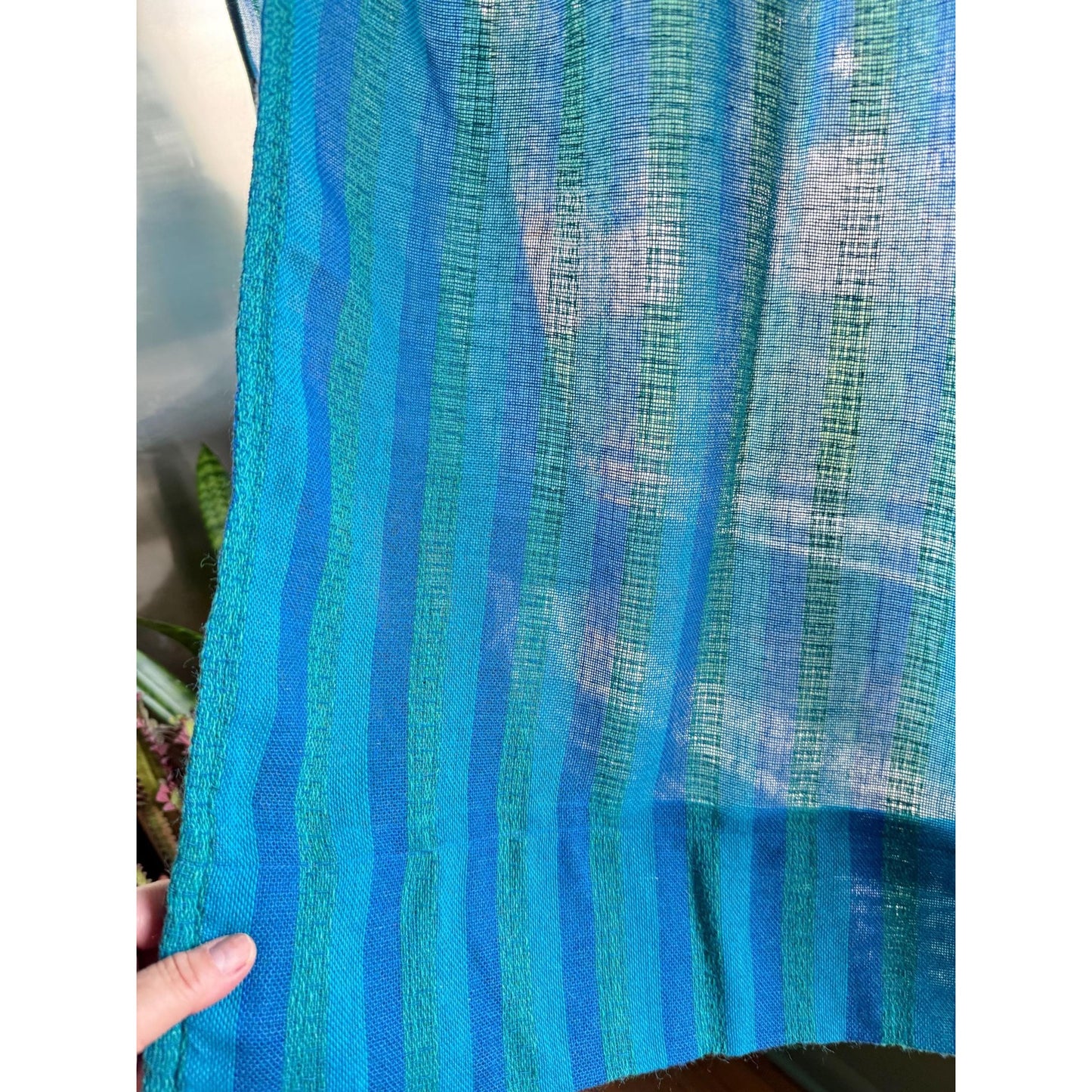 Vintage 70s curtain, striped peacock blue green panel