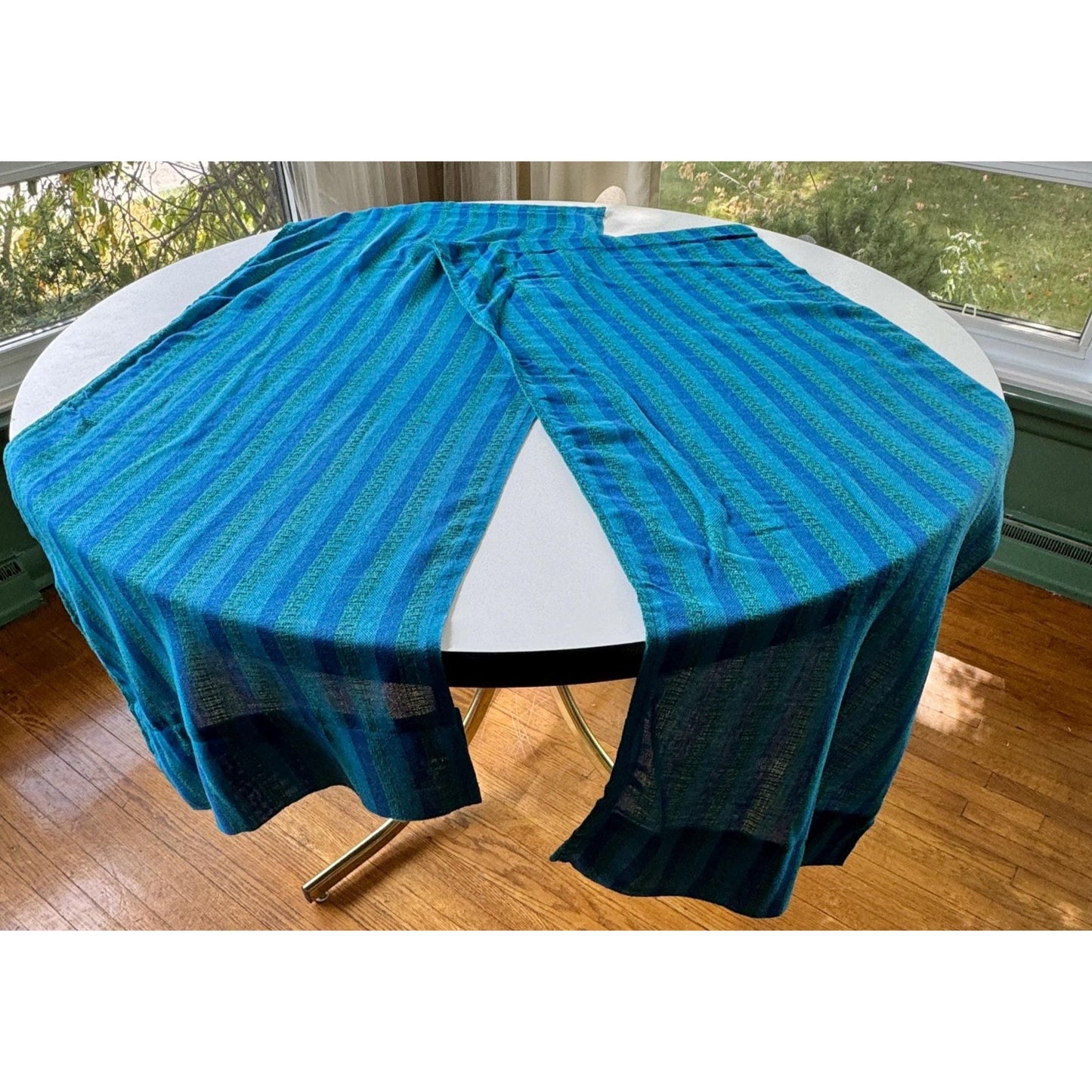 Vintage 70s curtain, striped peacock blue green panel