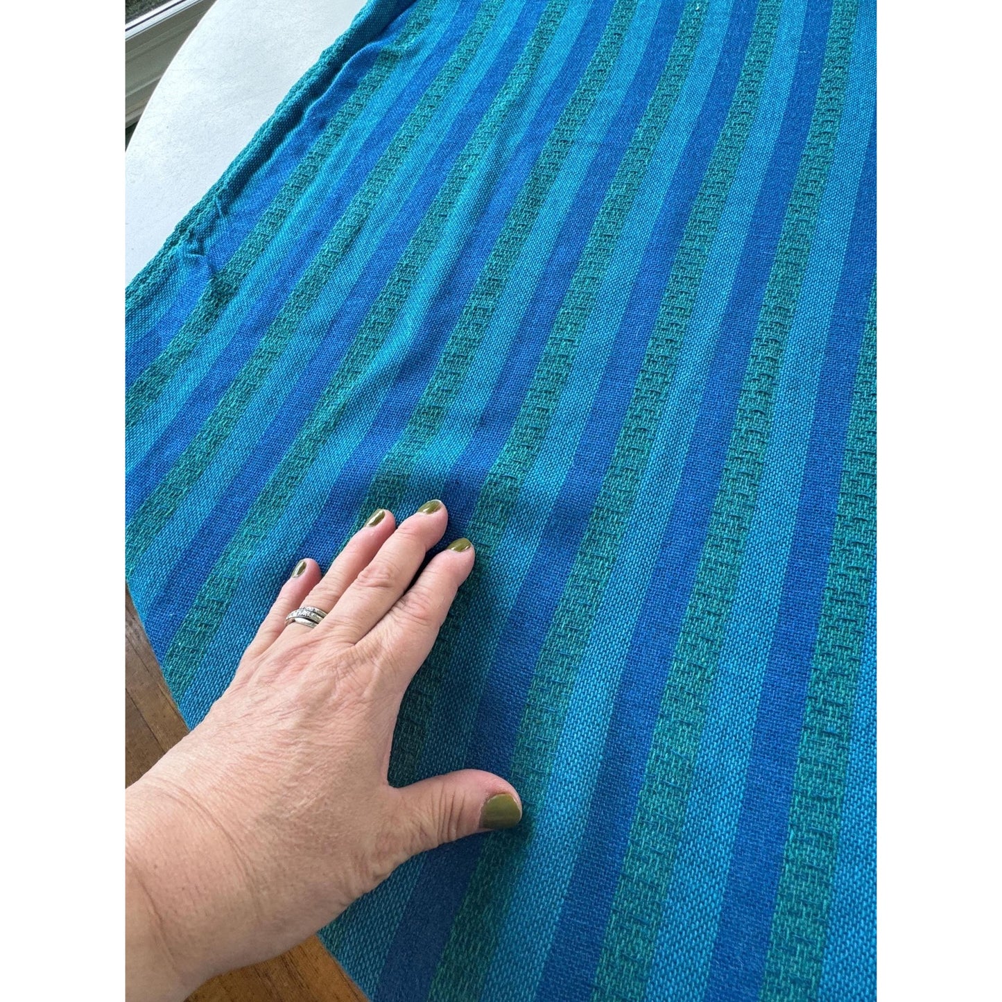 Vintage 70s curtain, striped peacock blue green panel