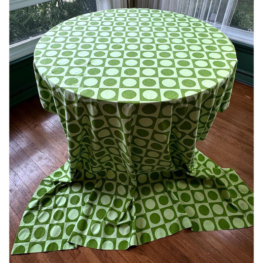 Vintage 70s flat / top sheet, avocado green geometric, twin size, Dominion Textile Truprest