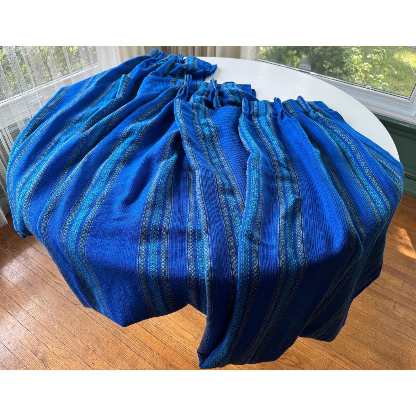 Vintage 70s pleated curtain, blue and green stripes