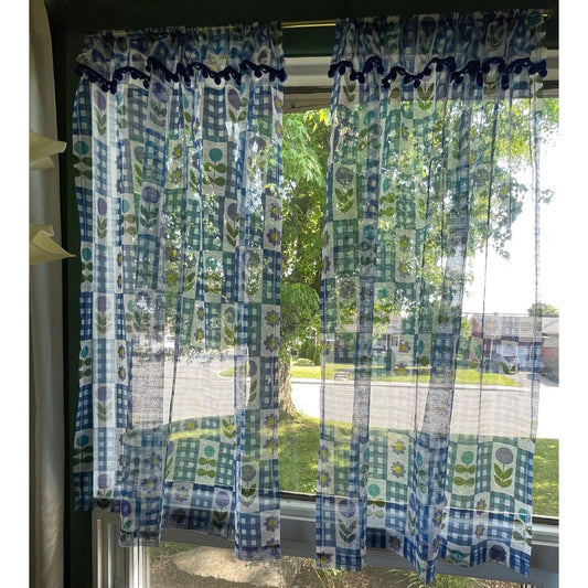 Vintage 70s curtains with pompoms, sheer blue purple green floral and checks