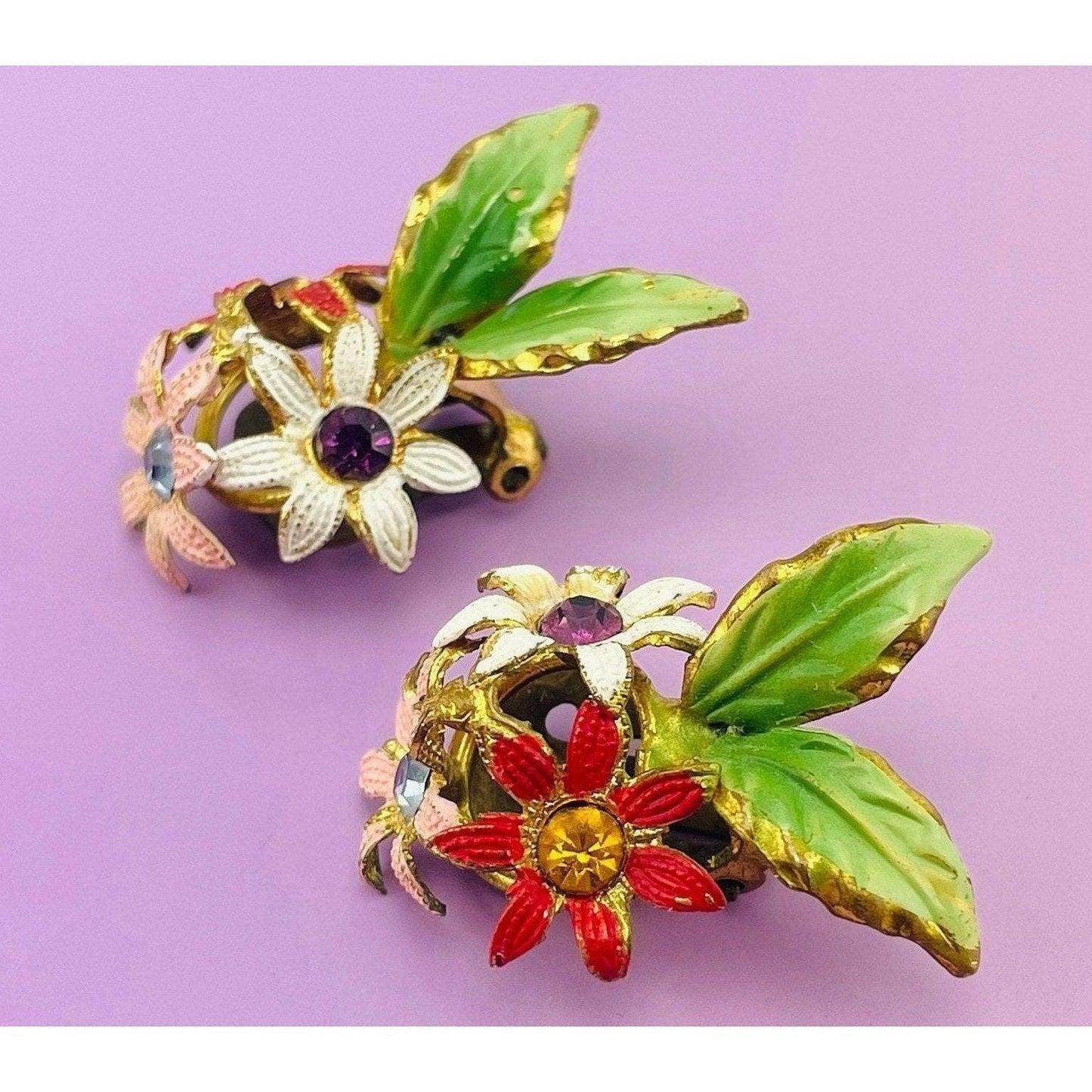 Vintage 60s earrings, Austria painted enamel flowers, rhinestones, clip on