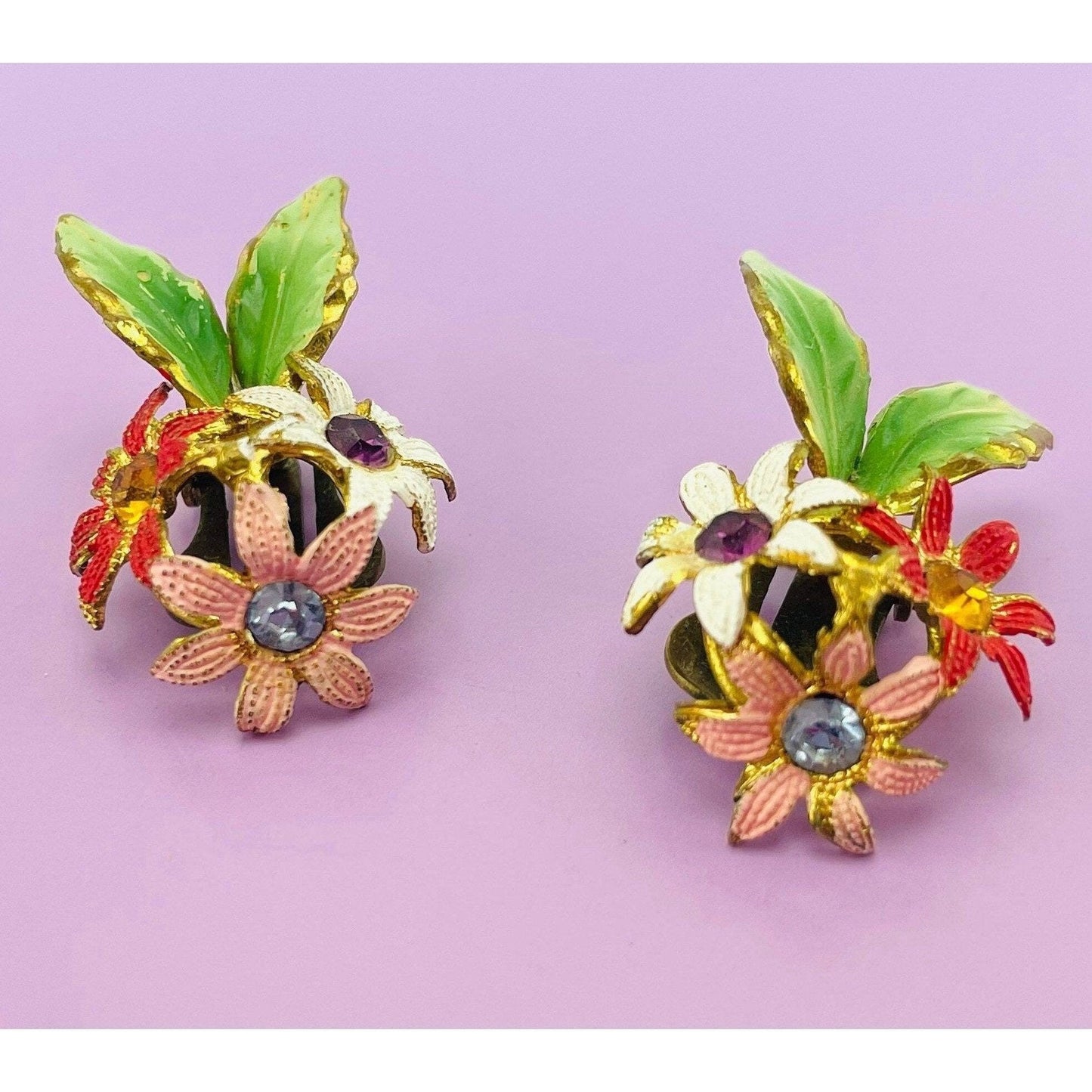 Vintage 60s earrings, Austria painted enamel flowers, rhinestones, clip on