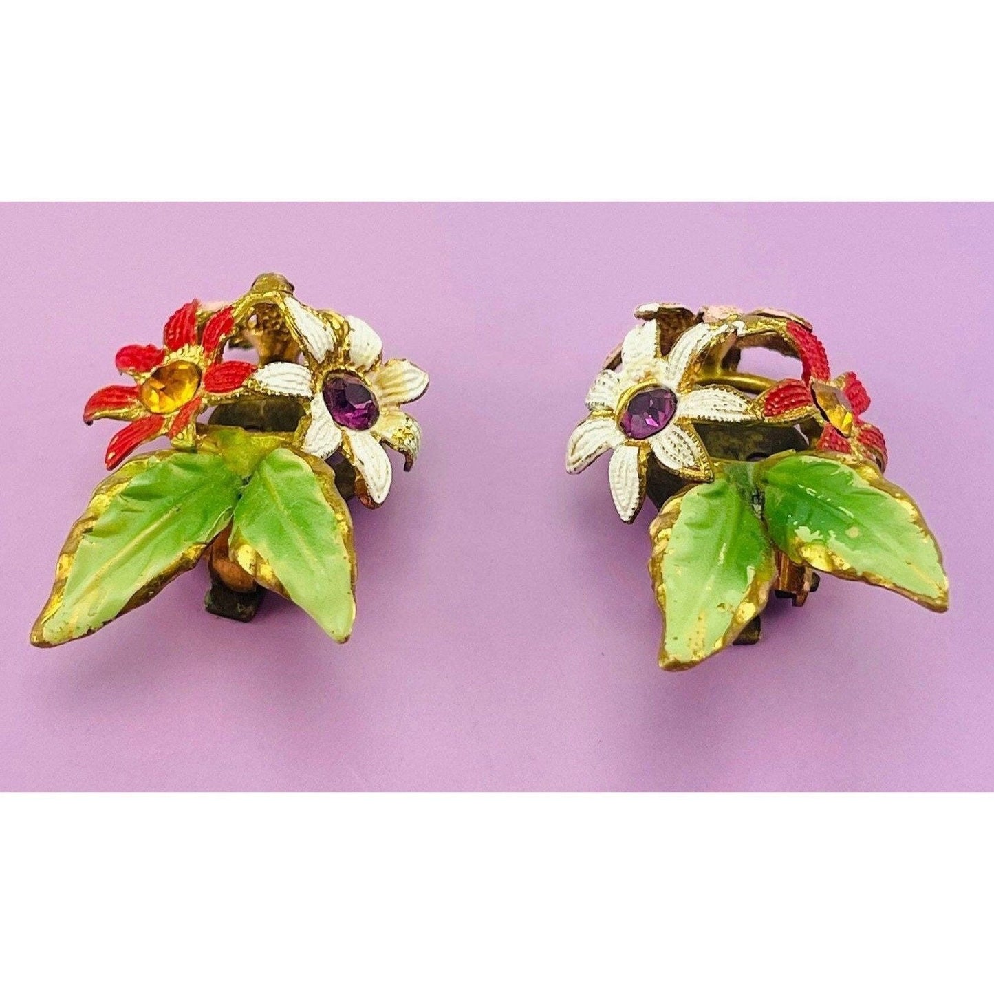 Vintage 60s earrings, Austria painted enamel flowers, rhinestones, clip on