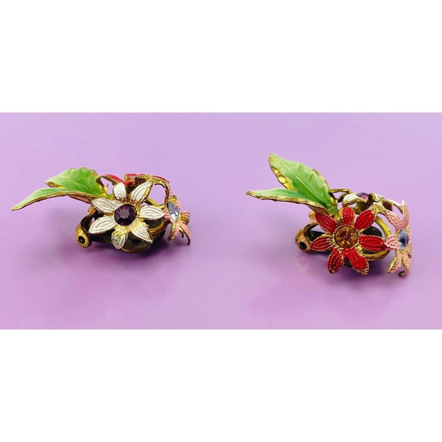 Vintage 60s earrings, Austria painted enamel flowers, rhinestones, clip on
