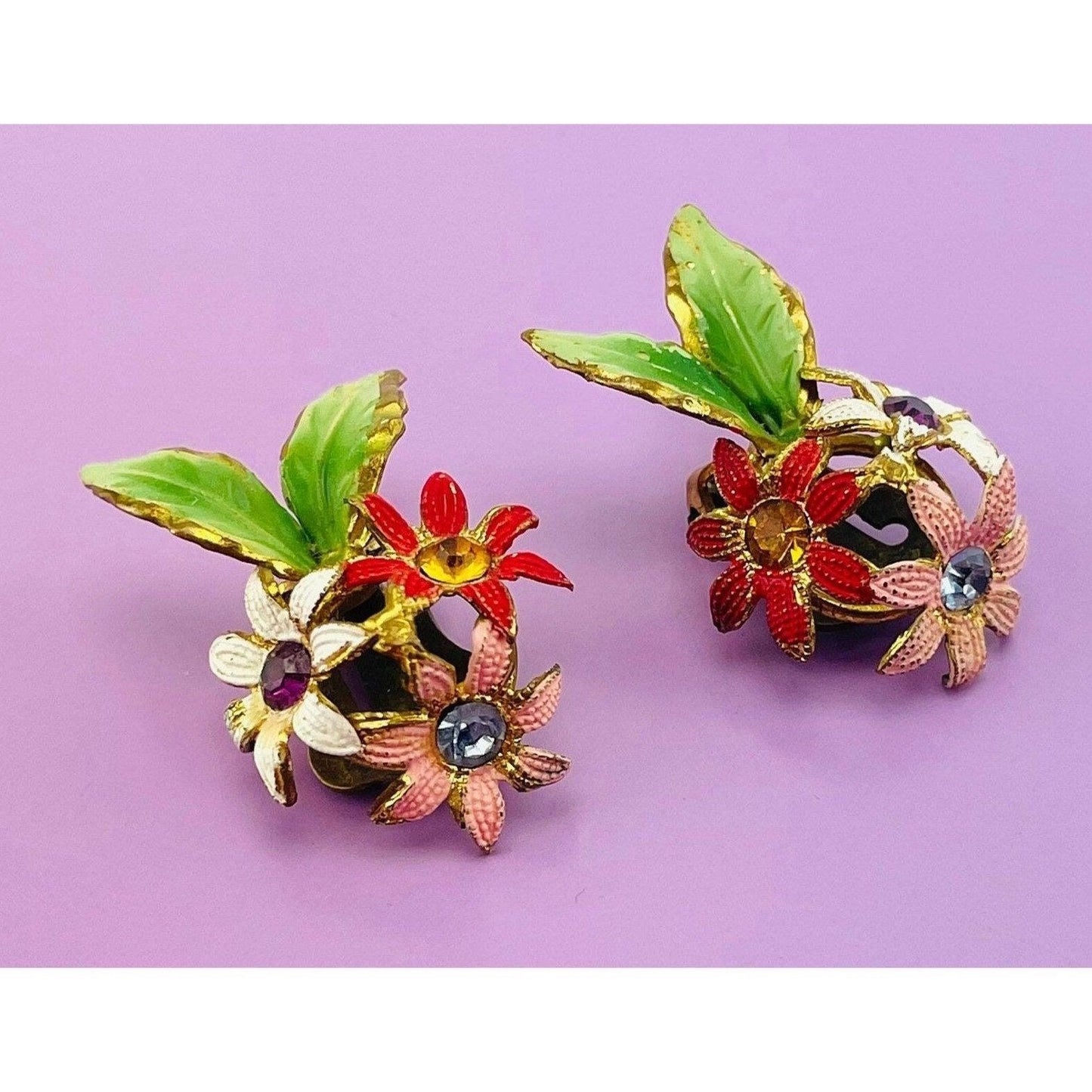 Vintage 60s earrings, Austria painted enamel flowers, rhinestones, clip on