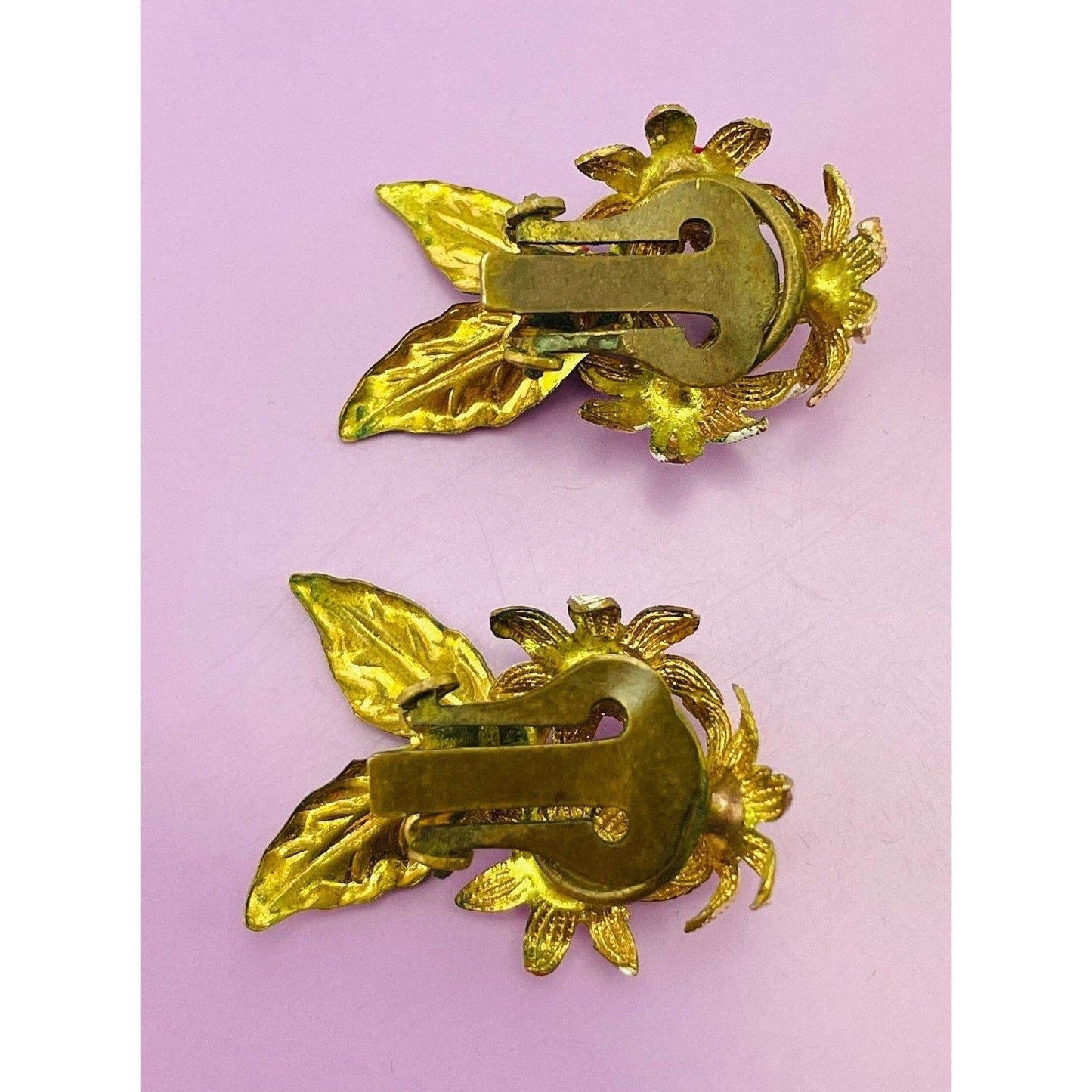 Vintage 60s earrings, Austria painted enamel flowers, rhinestones, clip on