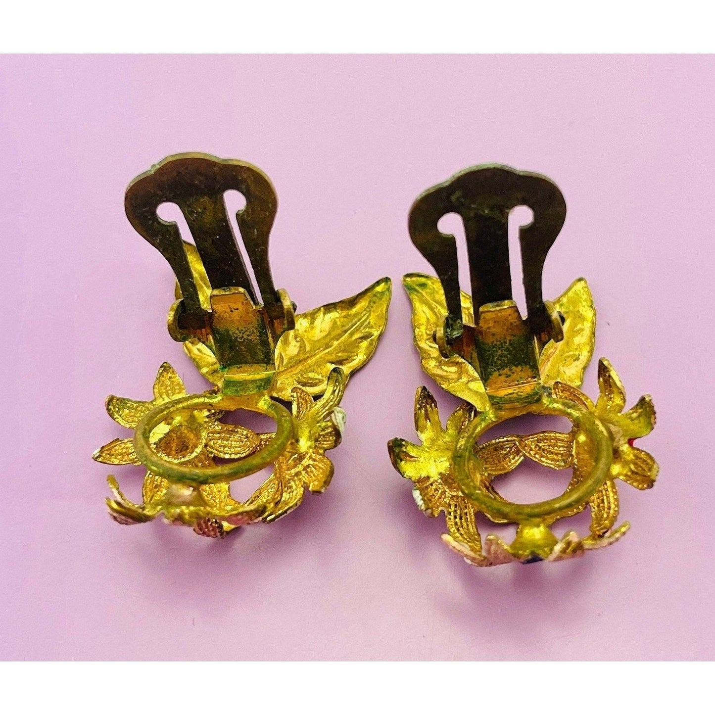 Vintage 60s earrings, Austria painted enamel flowers, rhinestones, clip on
