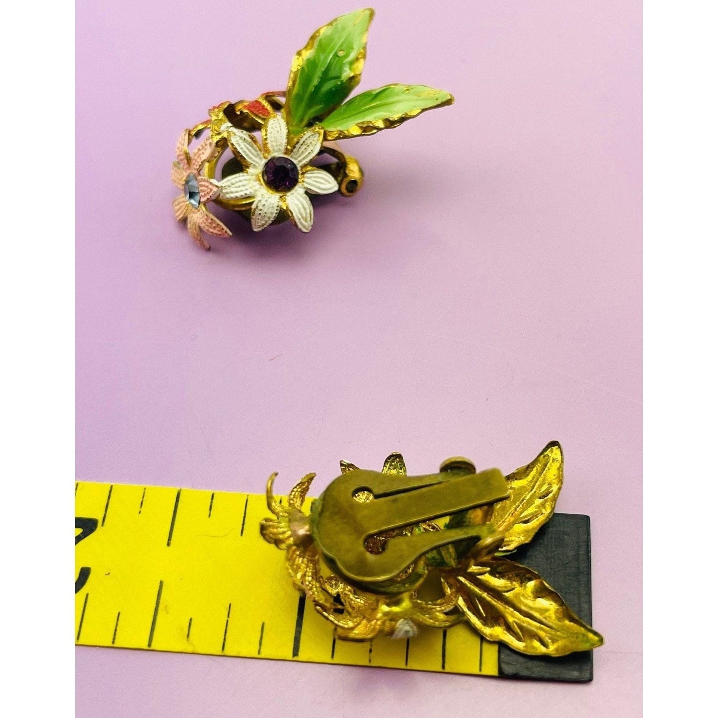 Vintage 60s earrings, Austria painted enamel flowers, rhinestones, clip on
