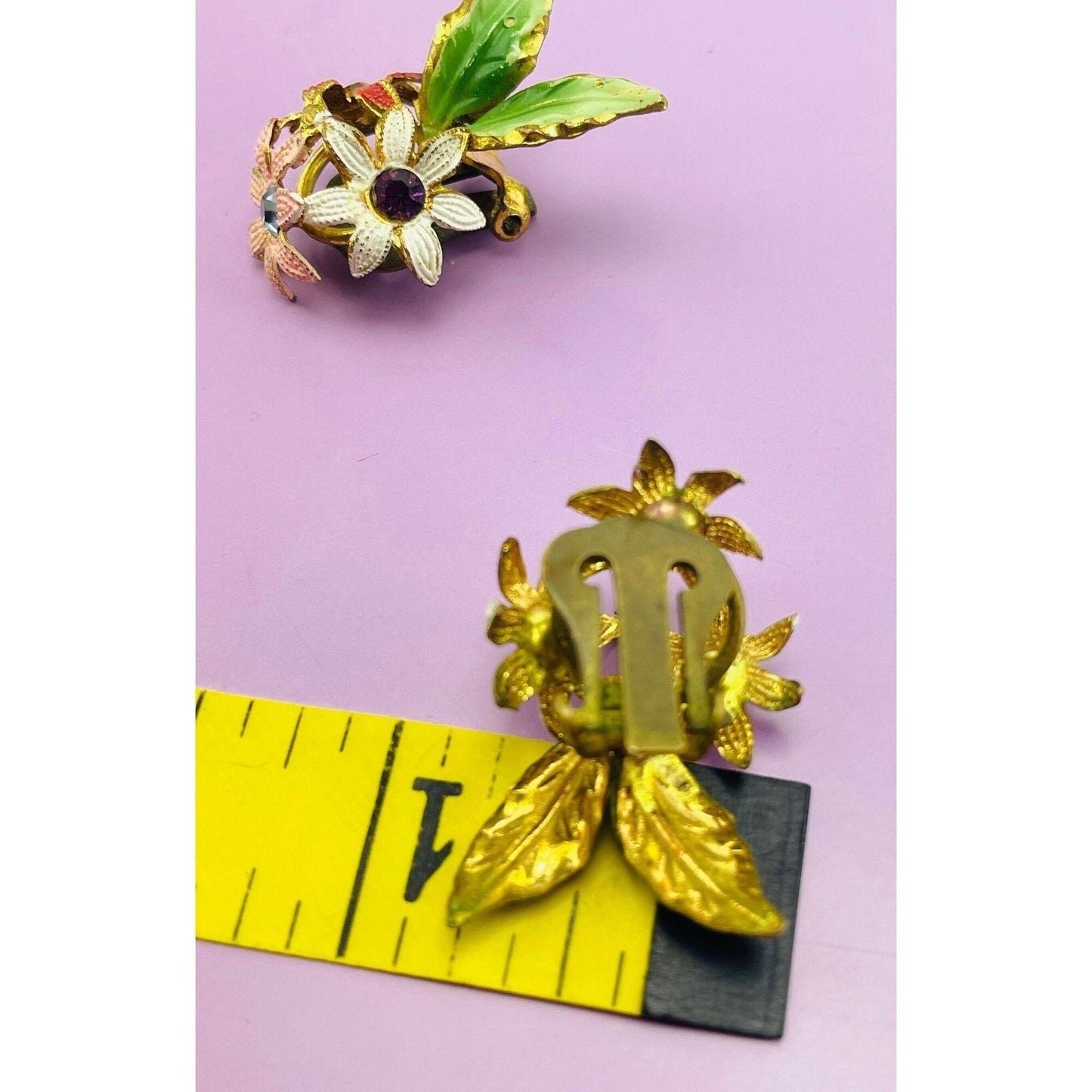 Vintage 60s earrings, Austria painted enamel flowers, rhinestones, clip on