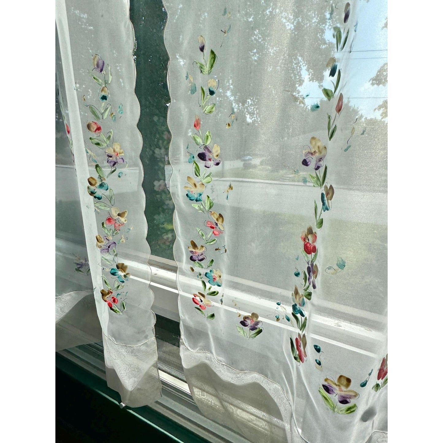 Vintage 50s curtain, sheer hand painted floral panel