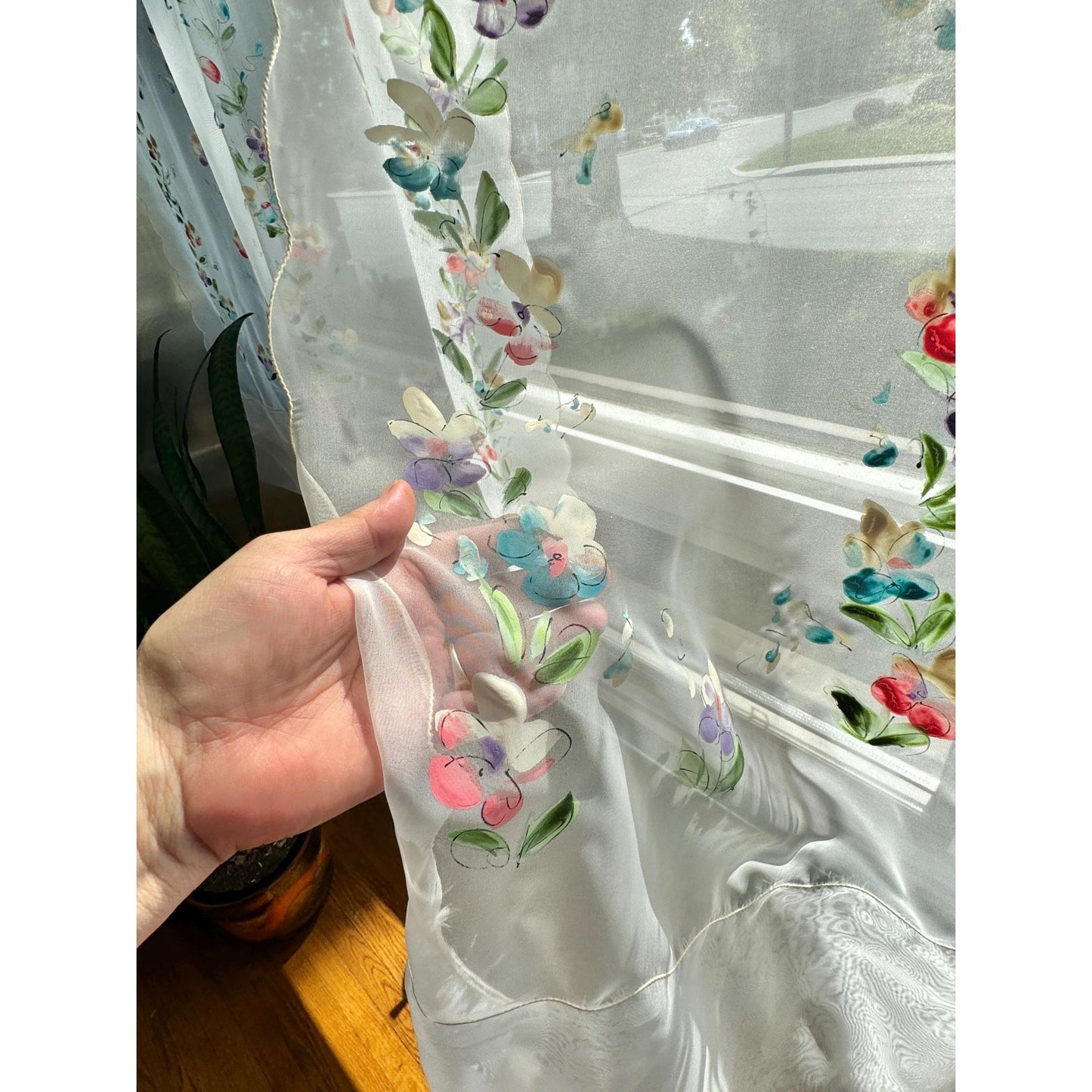 Vintage 50s curtain, sheer hand painted floral panel