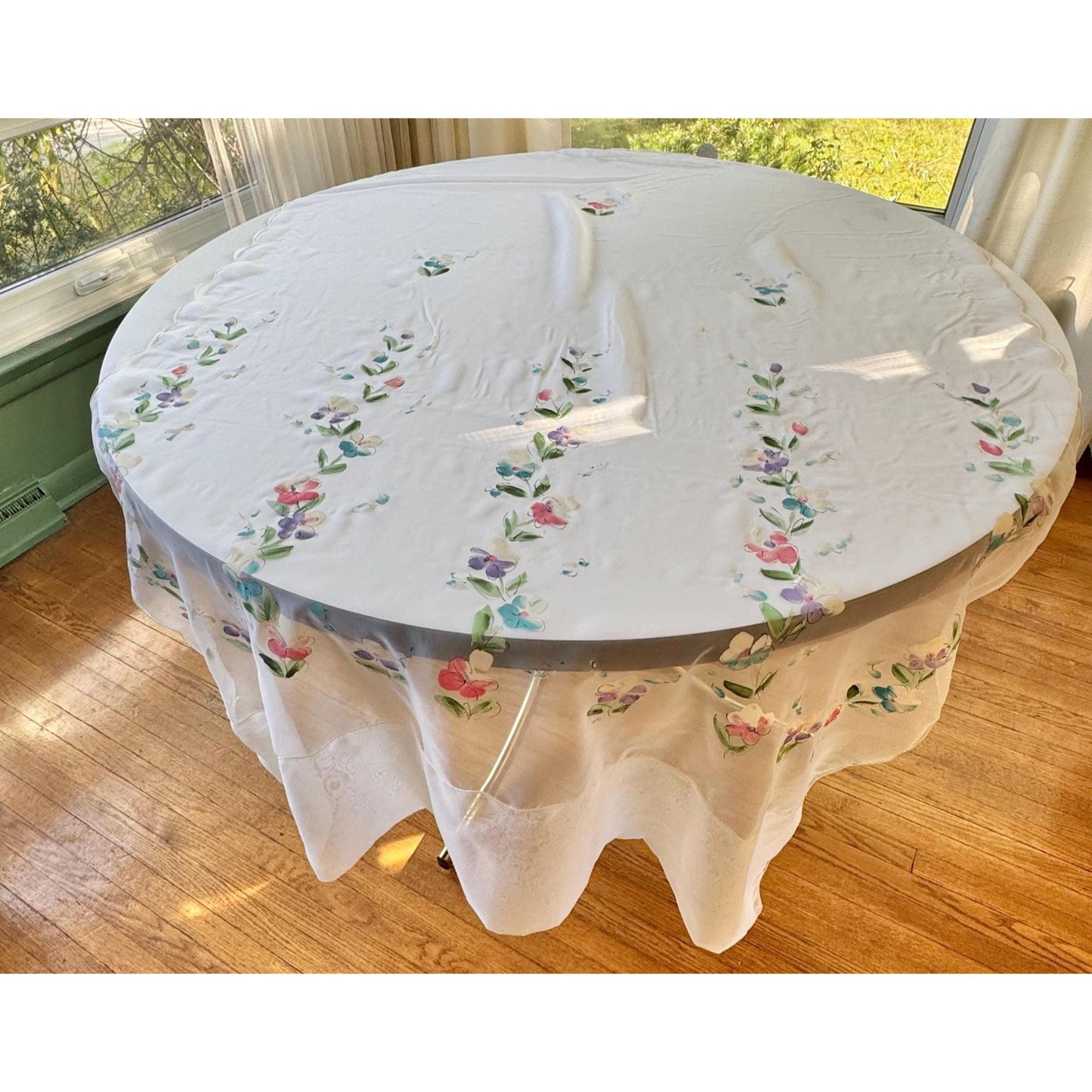 Vintage 50s curtain, sheer hand painted floral panel