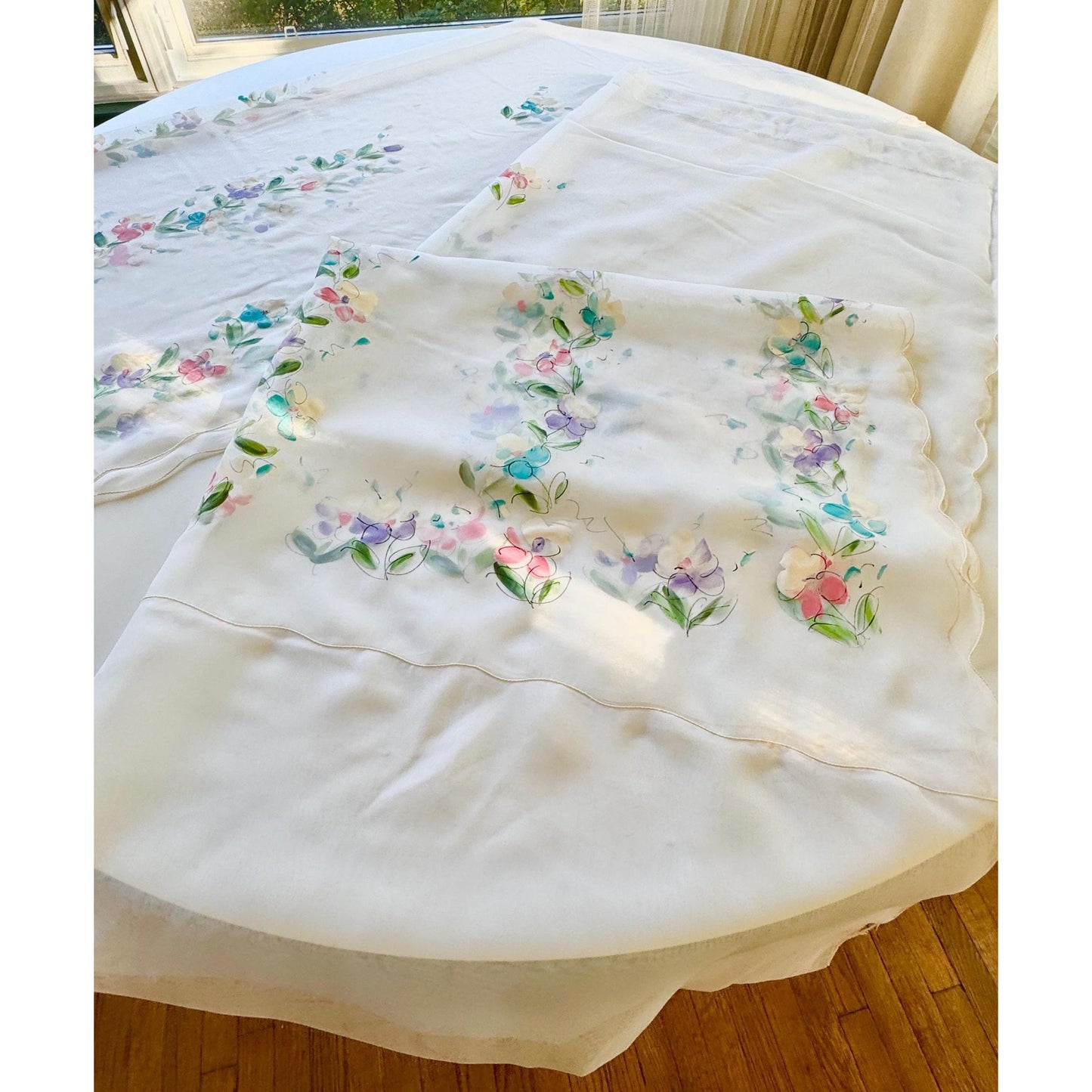 Vintage 50s curtain, sheer hand painted floral panel