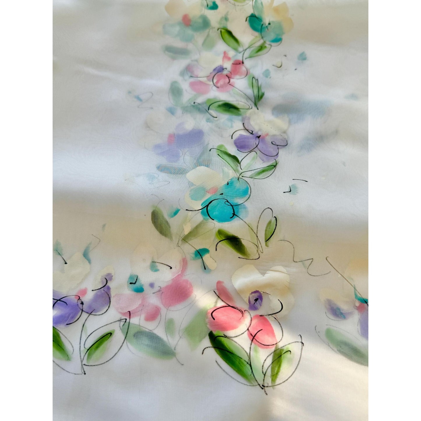Vintage 50s curtain, sheer hand painted floral panel