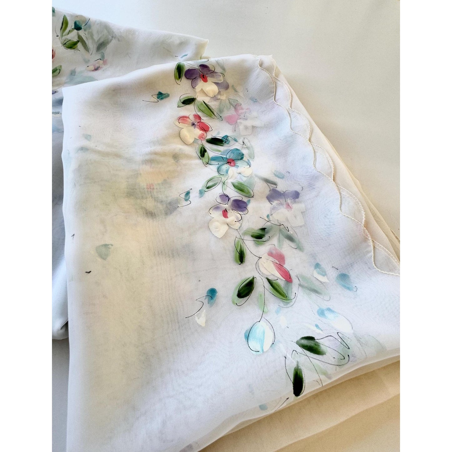 Vintage 50s curtain, sheer hand painted floral panel