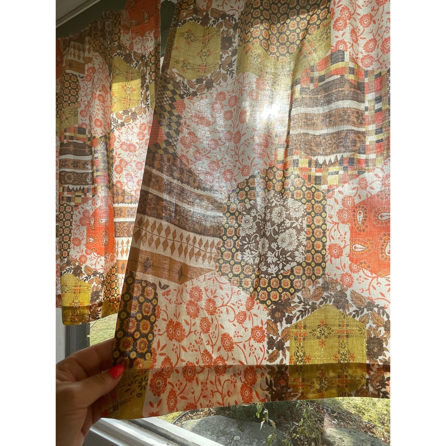 Vintage 70s faux patchwork pattern, orange and brown curtains
