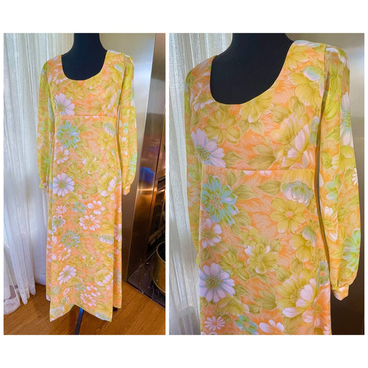 Vintage 1960s maxi dress, yellow floral, empire waist