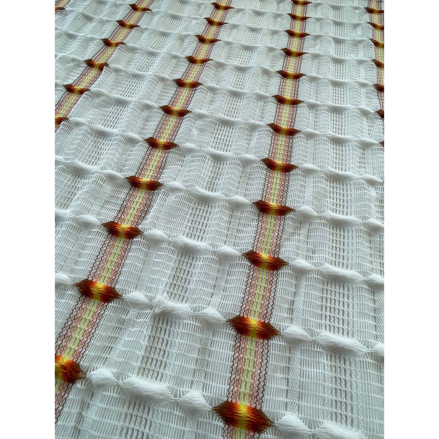 Vintage 70s curtain, orange groovy pattern, mesh panel