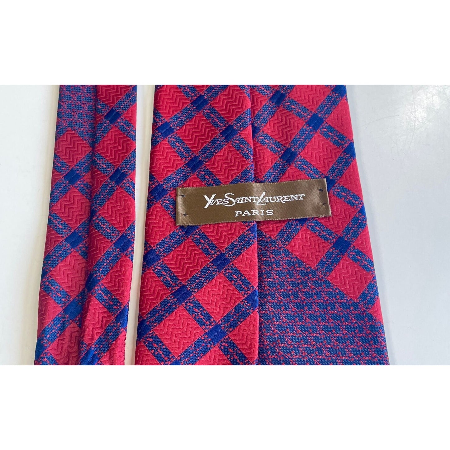 Vintage 1960s necktie, Yves St-Laurent Paris, raspberry red & navy blue