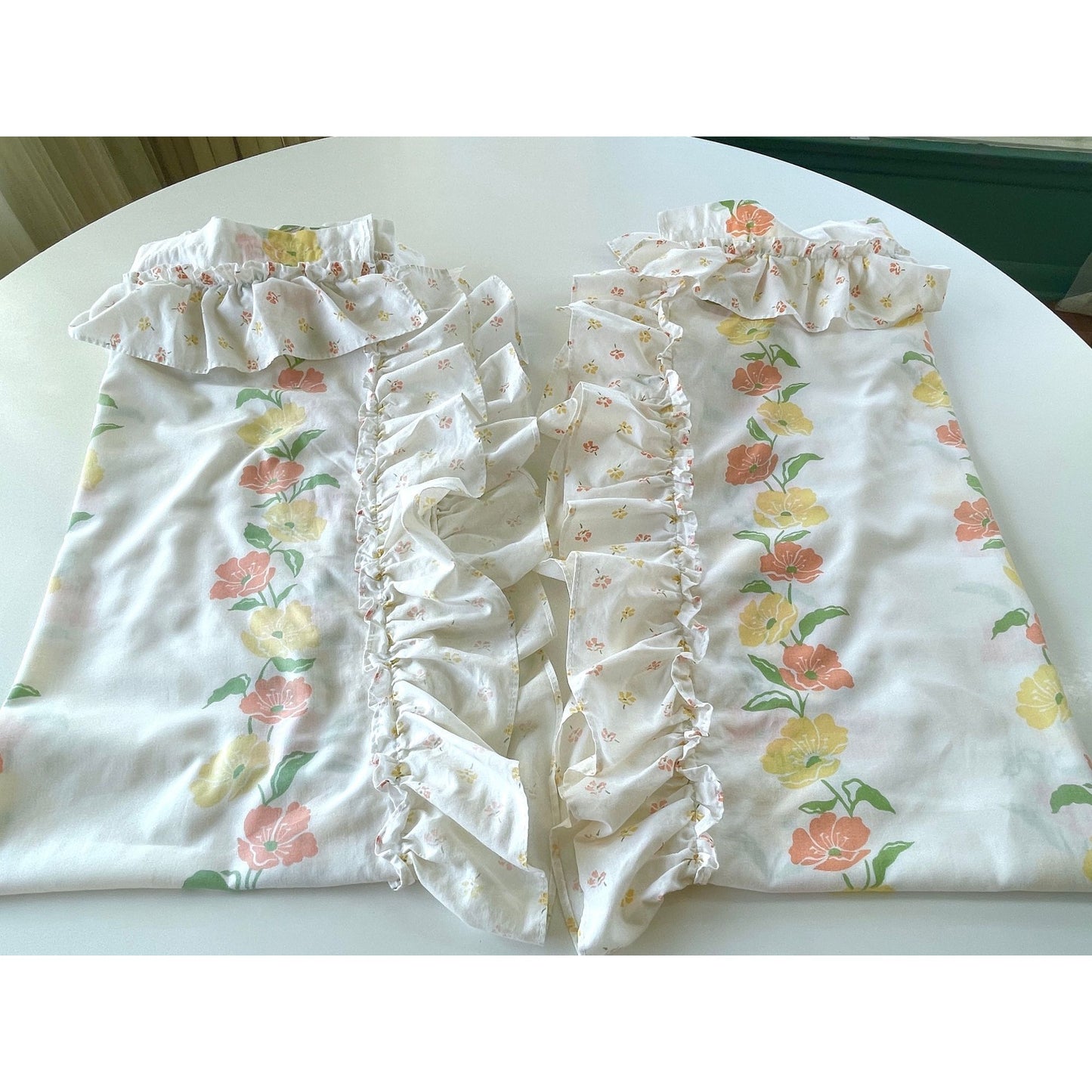 Vintage 80s curtain, orange yellow floral, pair of ruffled panels
