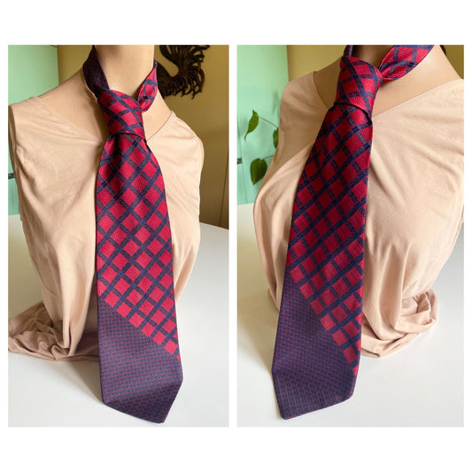 Vintage 1960s necktie, Yves St-Laurent Paris, raspberry red & navy blue