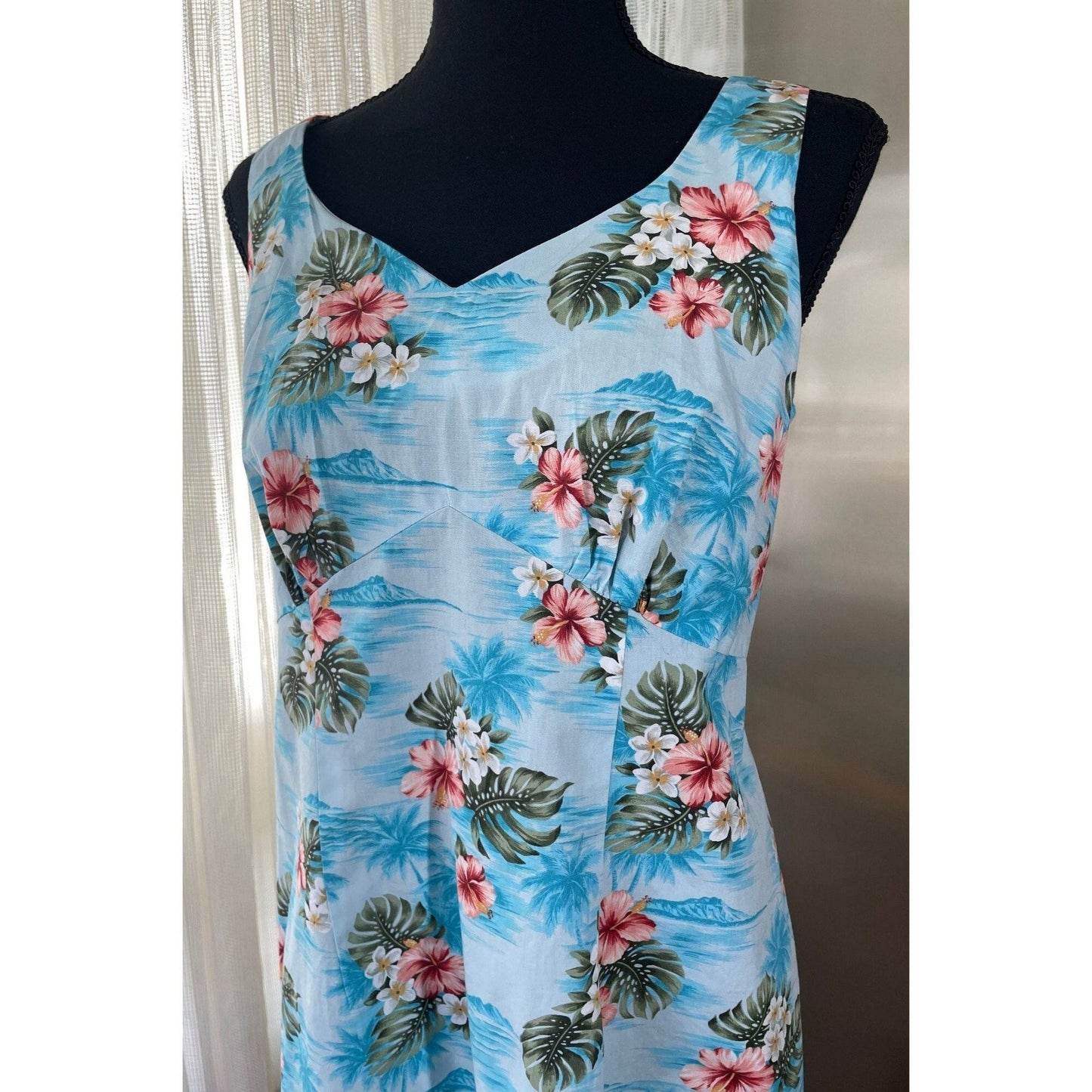Vintage 80s dress, blue floral, sleeveless, Hilo Hatties Hawaiian Original