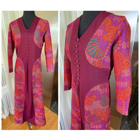 Vintage 1970s dress, MOD, magenta, hot pink, orange abstract pattern