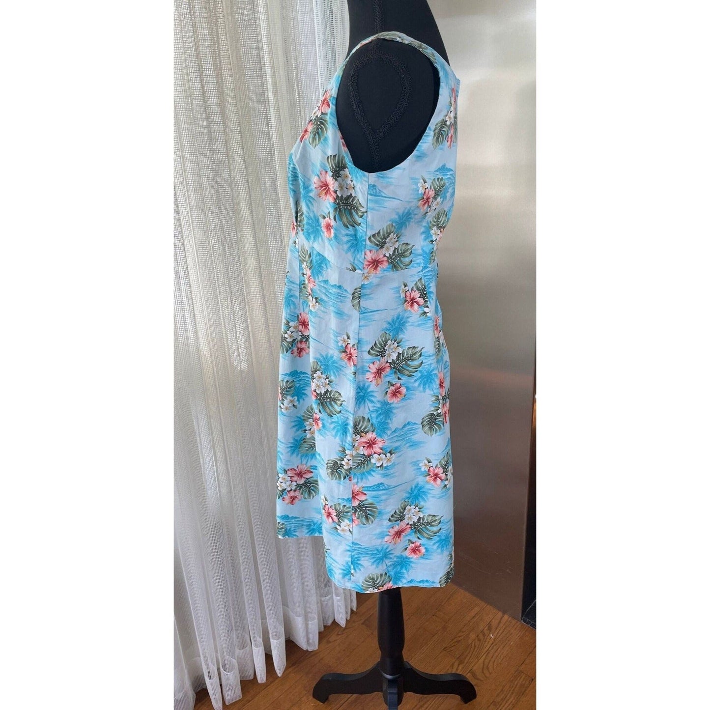 Vintage 80s dress, blue floral, sleeveless, Hilo Hatties Hawaiian Original