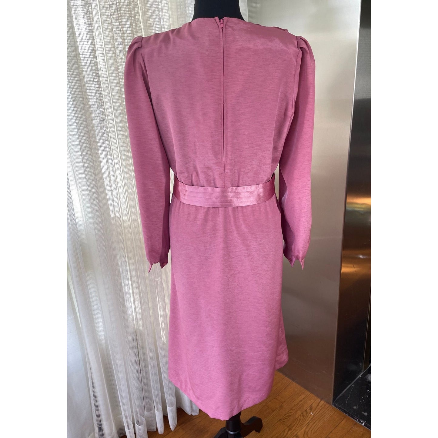 Vintage 80s gown, pink satin dress, long sleeves