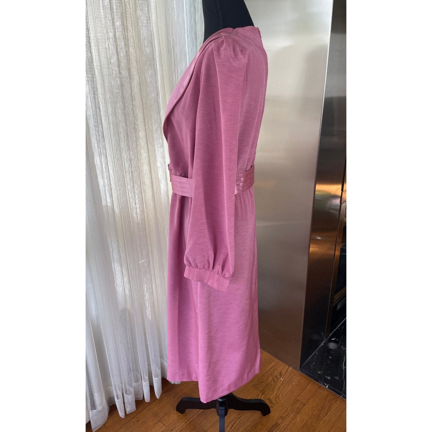 Vintage 80s gown, pink satin dress, long sleeves