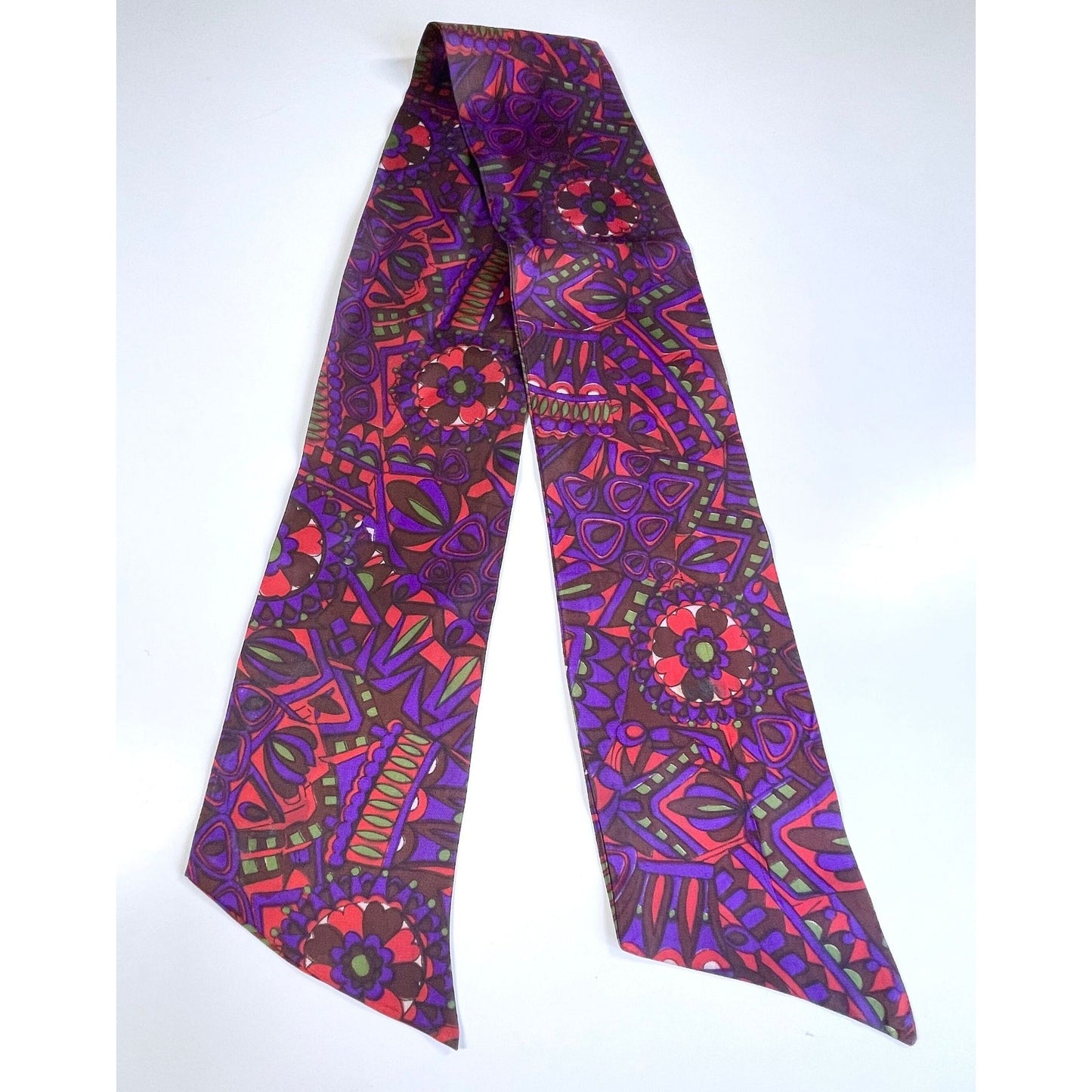 Vintage 1970s boho head scarf, purple, hot pink abstract pattern