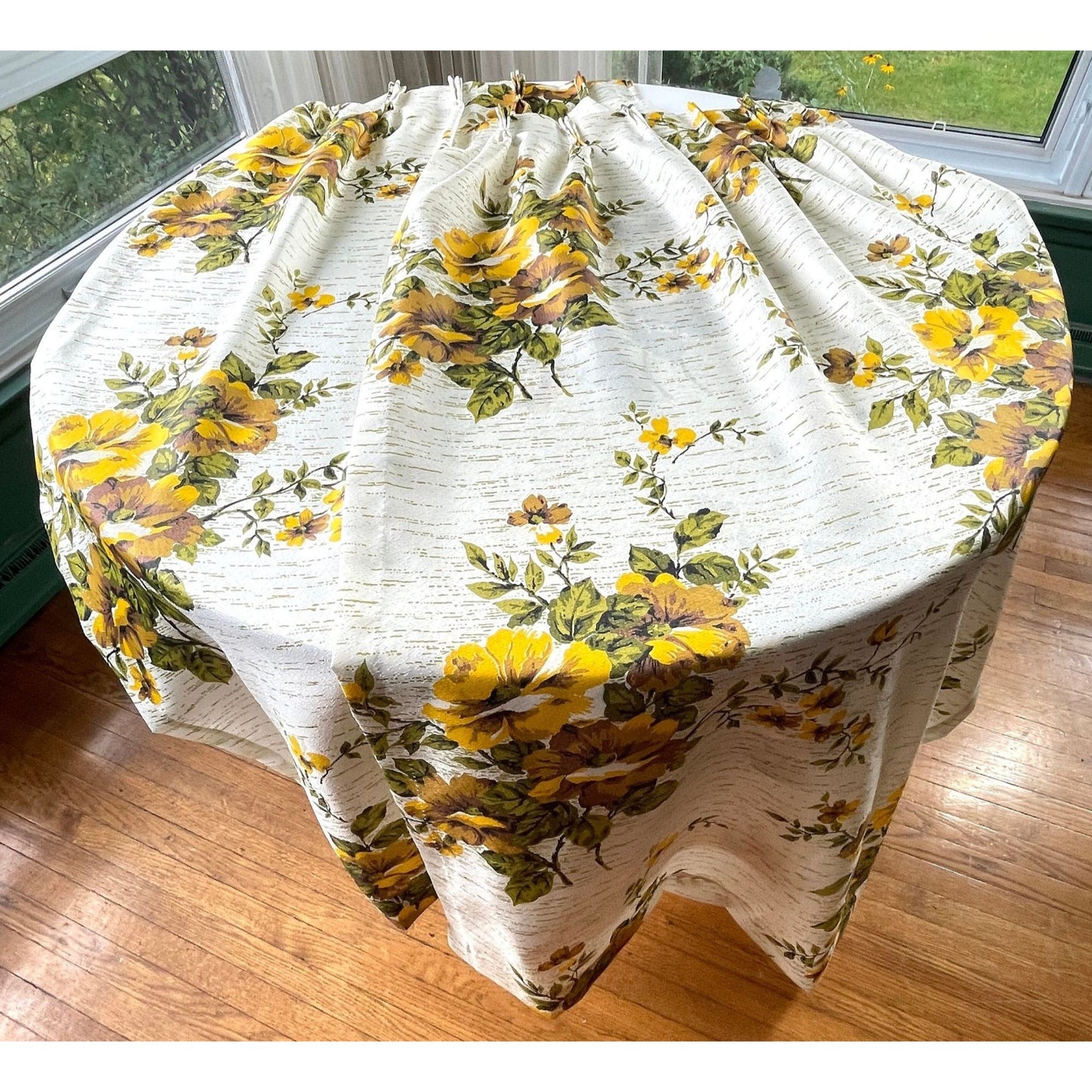 Vintage 60s pleated curtains, yellow bold floral fiberglass panels