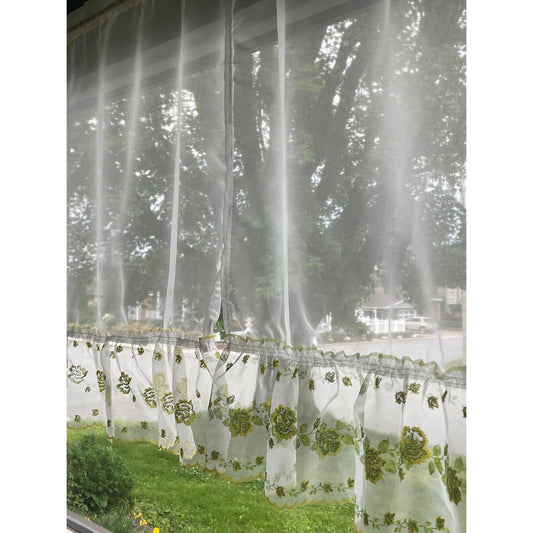 Vintage 50s cafe curtains, flocked floral ruffled panels