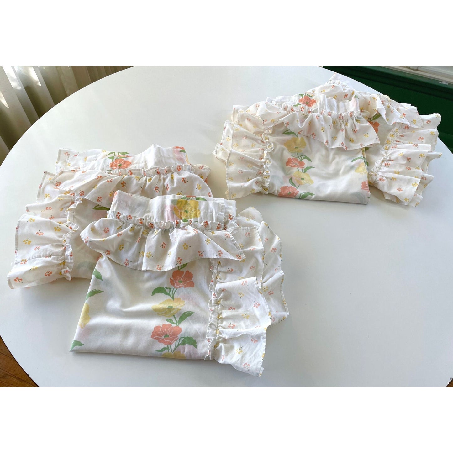 Vintage 80s curtain, orange yellow floral, pair of ruffled panels
