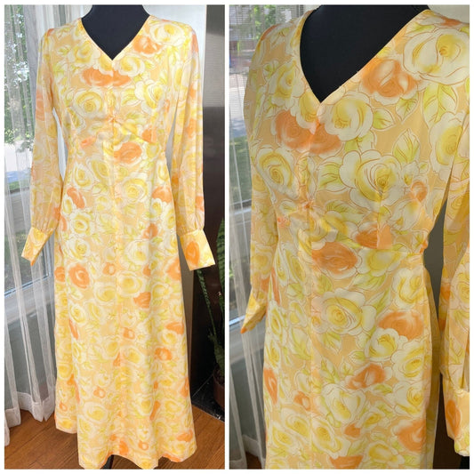 Vintage 1960s maxi dress, yellow, orange floral