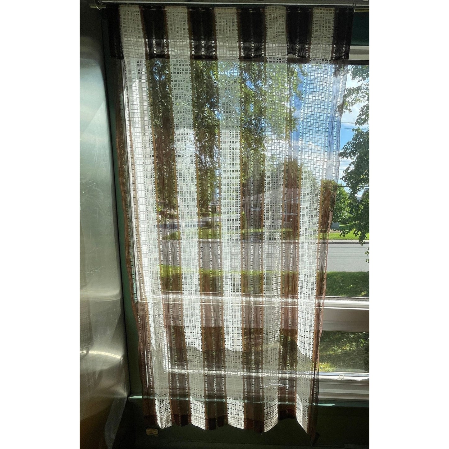 Vintage 70s curtain, brown white stripes, mesh panel