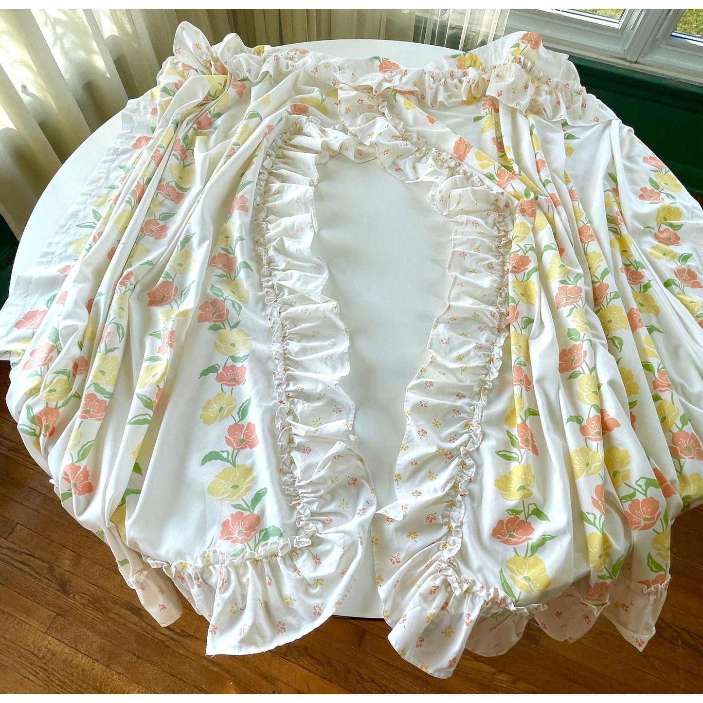 Vintage 80s curtain, orange yellow floral, pair of ruffled panels
