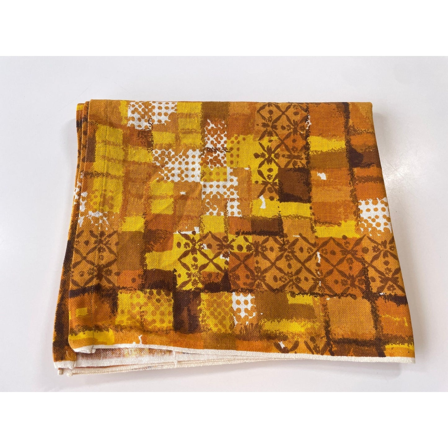 Vintage 60s mod tablecloth, orange geometric pattern